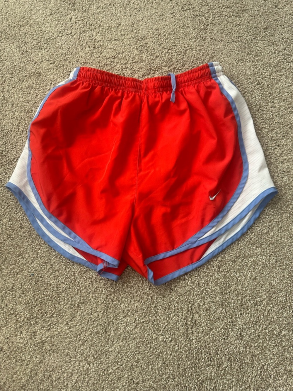Nike Red Athletic Running Shorts with White and Light Blue Trim